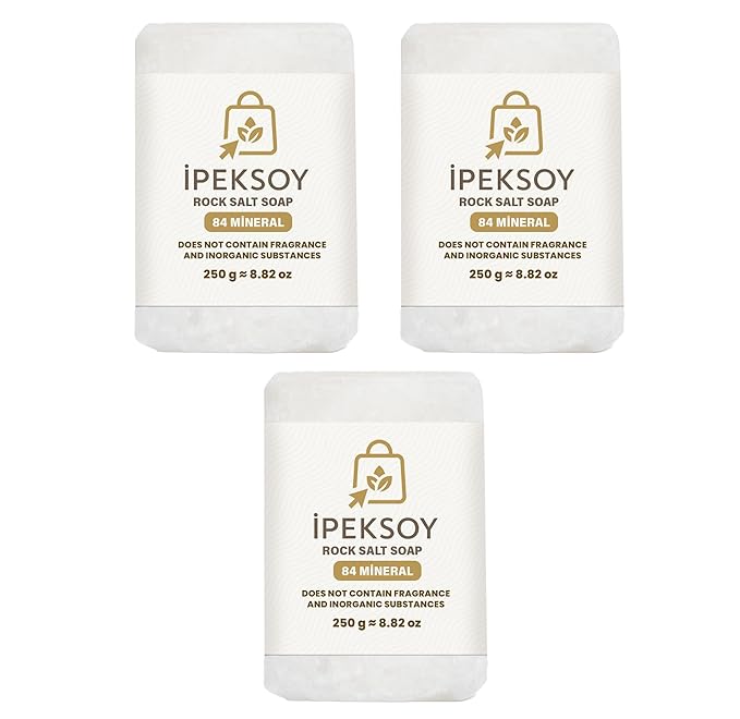 ipeksoy Natural Salt Soap Bar – Purifying and Exfoliating Organic Unscented Bar Soap for Men & Women – Pure Mineral Rock Salt Soap for Gentle Skin Care and Odor Control (Salt (3 Pieces))