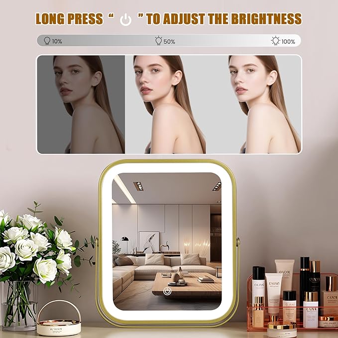 Vanity Mirror with Lights, 10"×8" Makeup Mirror with lights Built-in 1500mAH Battery, HD Mirror, Smart Touch with 3-Color Lighting, Dimmable, Desk Mirror, Women Gift, Travel Essentials (Gold)