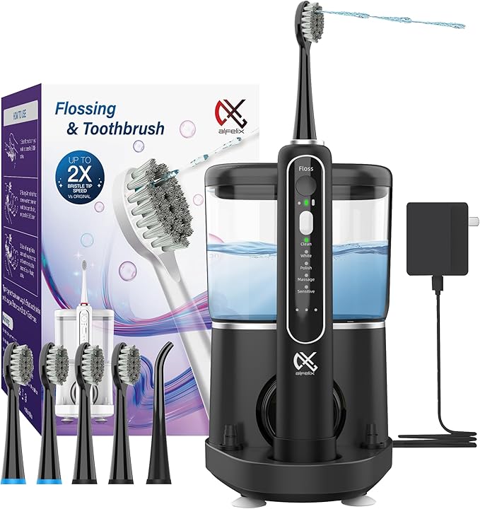 Alfelix Professional Flossing Electric Toothbrush with Water Flosser, 2 in 1 Toothbrush and Water Flosser Combo, Sonic Electric Toothbrush Cordless Flossing Brush (Black)