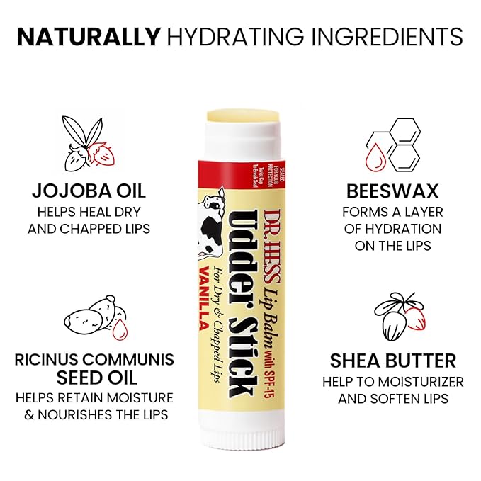 Dr. Hess Original Udder Stick SPF Lip Balm, Soothing Moisturizer Sun Screen Balm for Dry Lips with Jojoba, Beeswax & Shea Butter, Total Lip Care, Hydration & Repair, Assorted Flavors (PMVC), 4 Pack