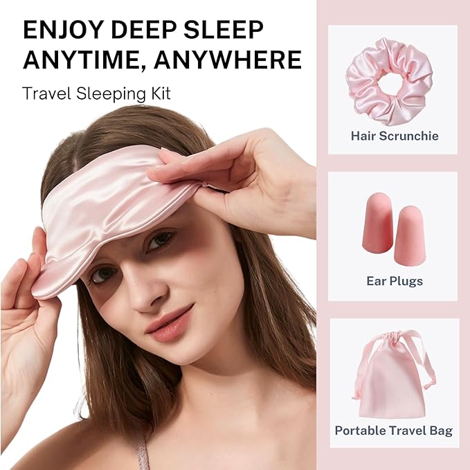 LCBD Silk Satin Sleeping Eye Mask, Pink Sleep Eye Mask Night Blindfold for Women and Men, Soft Breathable Blackout Eyeshade Eye Cover for Travel, Wedding Bridesmaid Gift
