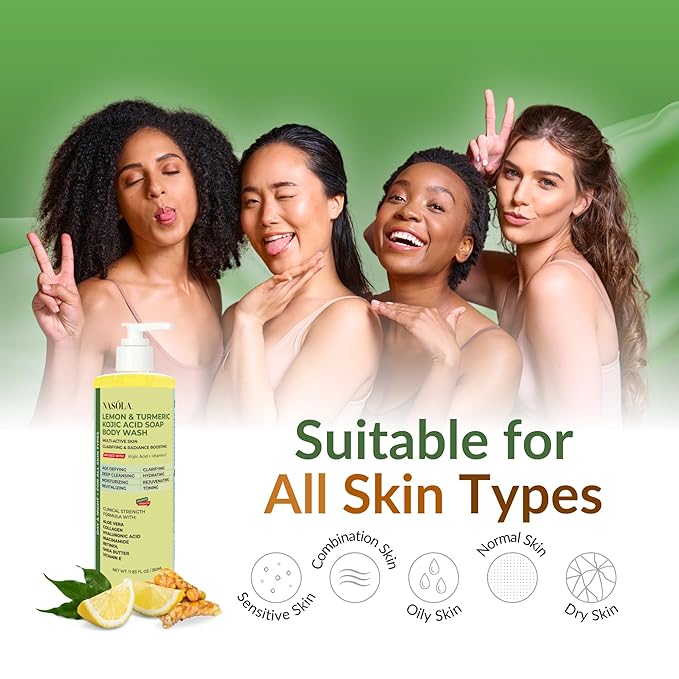 Nasola Lemon Turmeric Kojic Acid Soap Body Wash - Natural Gentle Face & Skin Cleanser with Vitamin C, Shea Butter, Collagen, Niacinamide, Hyaluronic Acid, and Aloe Vera - 11.83 Fl Oz