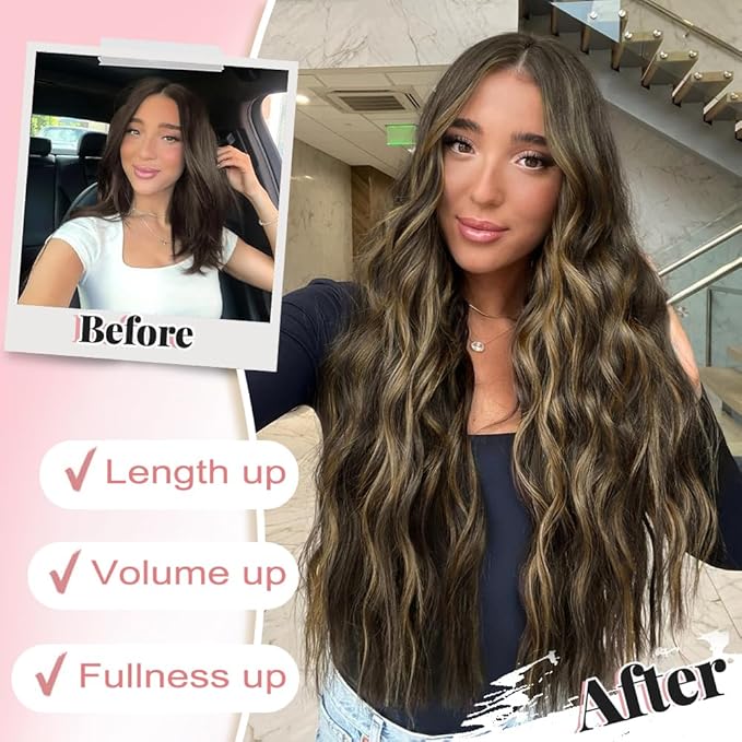 ALXNAN Clip in Long Wavy Synthetic Hair Extension 24 Inch Black&Dark mix light brown 4PCS Thick Hairpieces Fiber Double Weft Hair for Women