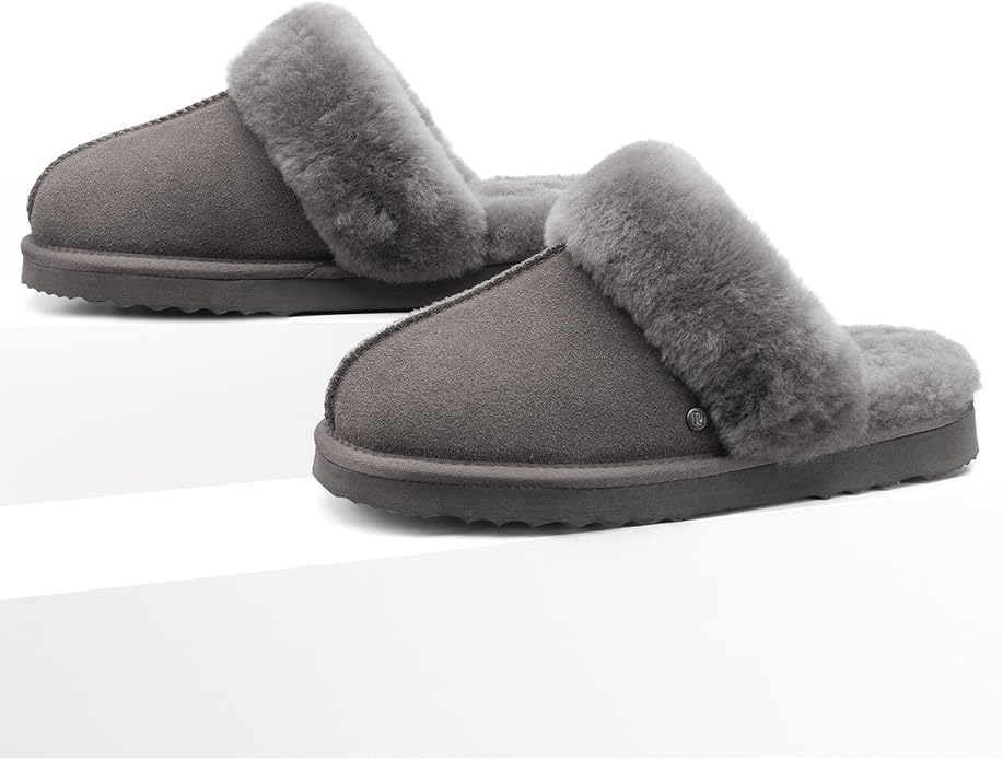 Parfeying Women's Shearling Slippers Genuine Leather with Rubber Sole, Sheepskin Fuzzy Indoor Outdoor Shoes for Home
