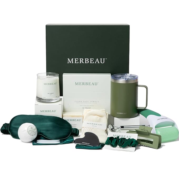 Merbeau Luxury Self Care 13 Piece Gift Set – Non-Toxic, Clean Ingredients, Naturally-Scented Essential Oils, Candle, Socks, Bar Soap, Bath Bomb, Clean Towels, Hair Clip, Tumbler & More – Spa Kit, NEW