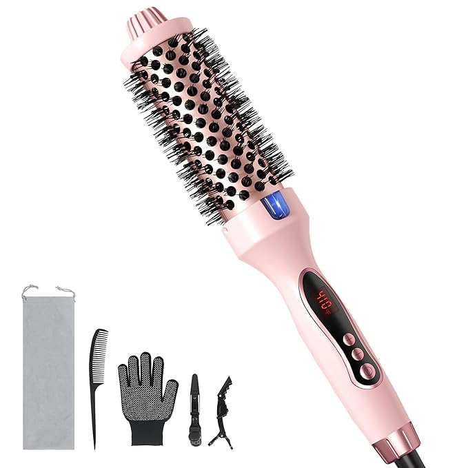 Thermal Brush, 1.5 inch Heated Round Brush Hair Curling Brush for Natural Curl, Straightener and Curler 2 in 1, Negative Ion Technology, 9 Temperature Settings, Dual Voltage for Travel, Pink
