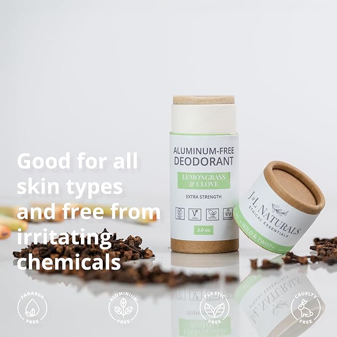 J&L Naturals Aluminum Free Deodorant for Men & Women | 100% Natural Ingredients With Coconut Oil, Shea Butter, & Essential Oils | Sustainable, Eco-Friendly (Lemongrass & Clove, 3.0 Oz (Pack of 4))