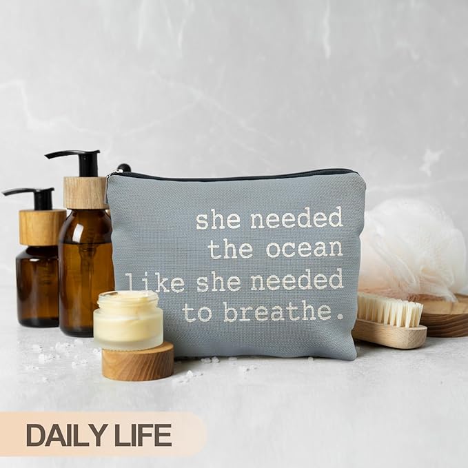 RYYCDOI Blue Beach Makeup Bag, Ocean Lover Gifts Cosmetic Bags for Women, Gifts for Beach Lovers, She Needed the Ocean Like She Needed to Breath Zipper Makeup Pouch
