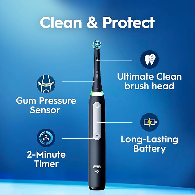 Oral-B iO Deep Clean Rechargeable Electric Powered Toothbrush, Icy Blue with iO Series 3 Limited, 2 Brush Heads and Travel Case - Pressure Sensor to Protect Gums - 3 Cleaning Settings - 2 Minute Timer