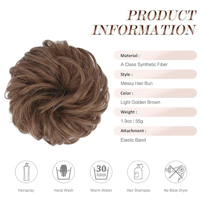FESHFEN Large Messy Bun Hair Piece - Wavy Synthetic Chignon Scrunchies Elastic Ponytail Hair Extensions Thick Hairpieces for Women, Medium Auburn 1.94oz