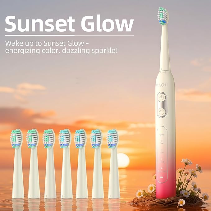 YUNCHI Electric Toothbrush Birthday/Valentine Plastic 8 Heads 24-Mo Deep Cleans Gentle Gums Removes Stains 3Hr USB-C 90d 2-Min Timer/30s IPX7 - Yellow Red
