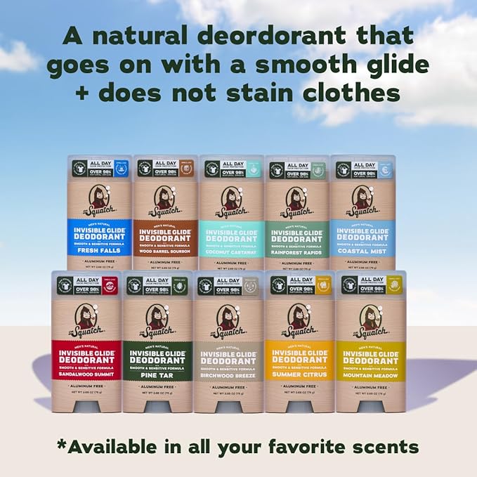 Dr. Squatch Invisible Glide Natural Men’s Deodorant – Smooth Glide, No Stains – Aluminum Free Deodorant Men – Safe for Sensitive Skin – Wood Barrel Bourbon + Rainforest Rapids, 2.65oz (2-Pack)