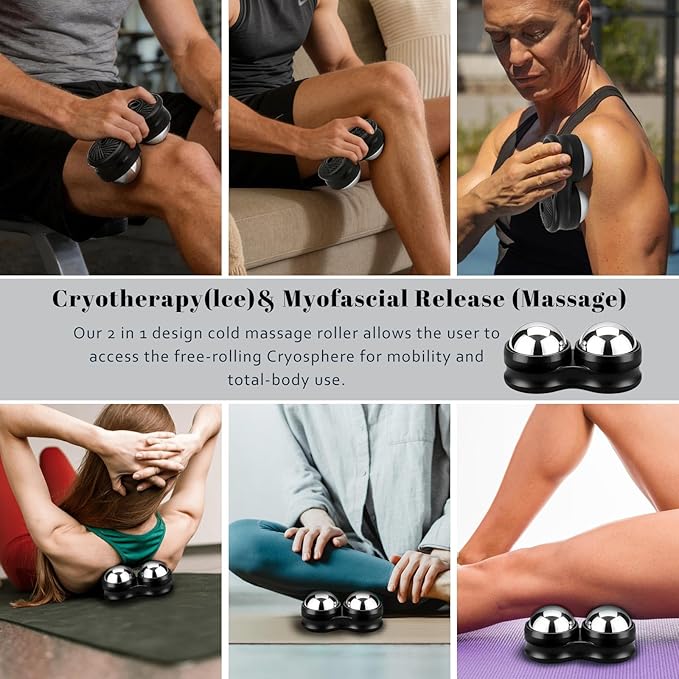 ideayard Stainless Steel Massage Roller Double Ball - Ice Therapy Muscle Pain Relief, Sore Muscles, and Tension Relief Cold & Hot Therapy Back, Shoulder, Leg, Calf Muscle Fascia Release Tool