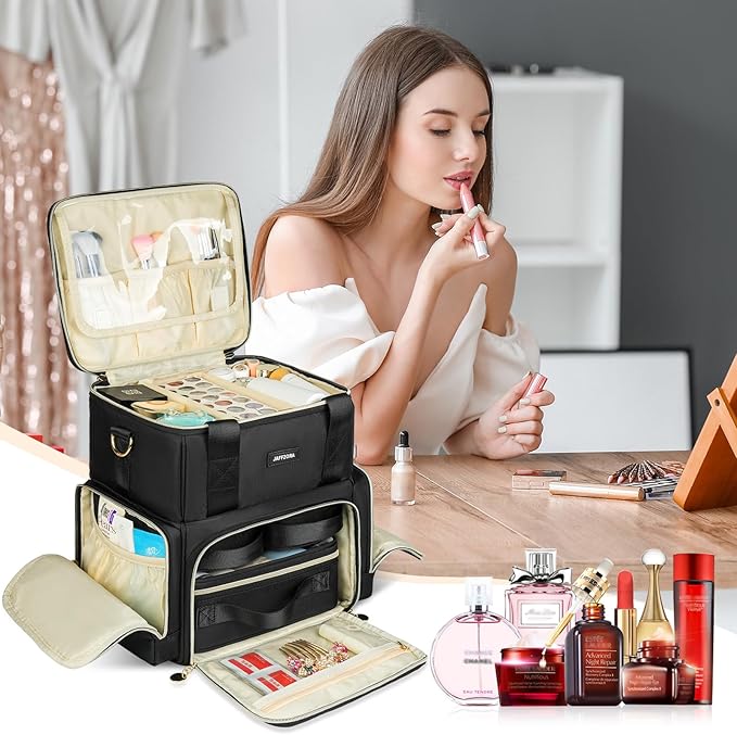 Jaffzora Extra Large Makeup Bag with 3 Removable Cases, Double Layers Travel Cosmetic Storage Organizer Bag with Detachable Dividers, Black