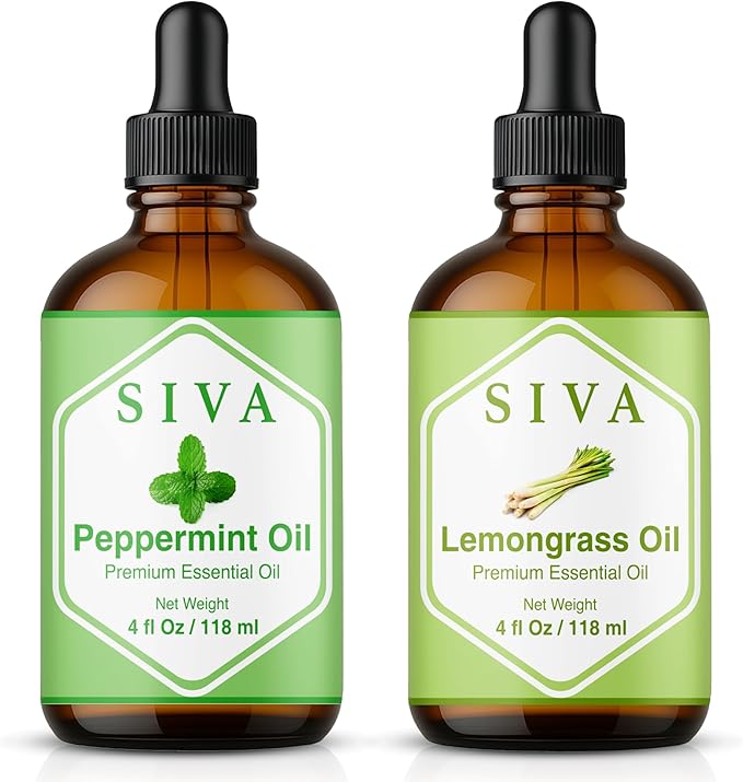 Siva Peppermint Essential Oil and Lemongrass Essential Oil 4oz Bundle Super Saver Combo – Premium Grade Value Set for Aromatherapy, Scalp Massage, Hair Care, Skin & Body