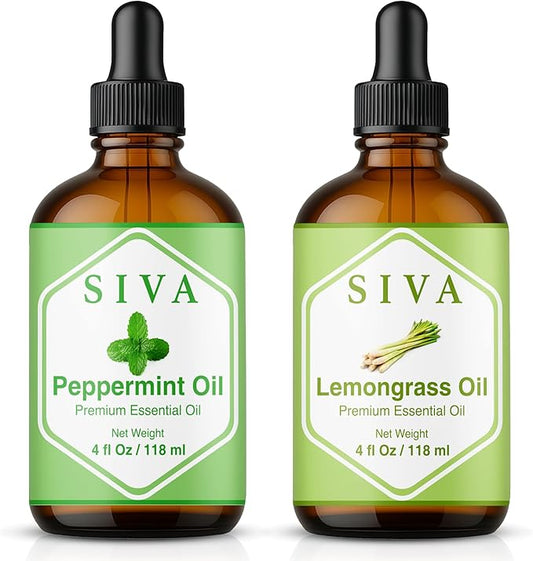Siva Peppermint Essential Oil and Lemongrass Essential Oil 4oz Bundle Super Saver Combo – Premium Grade Value Set for Aromatherapy, Scalp Massage, Hair Care, Skin & Body