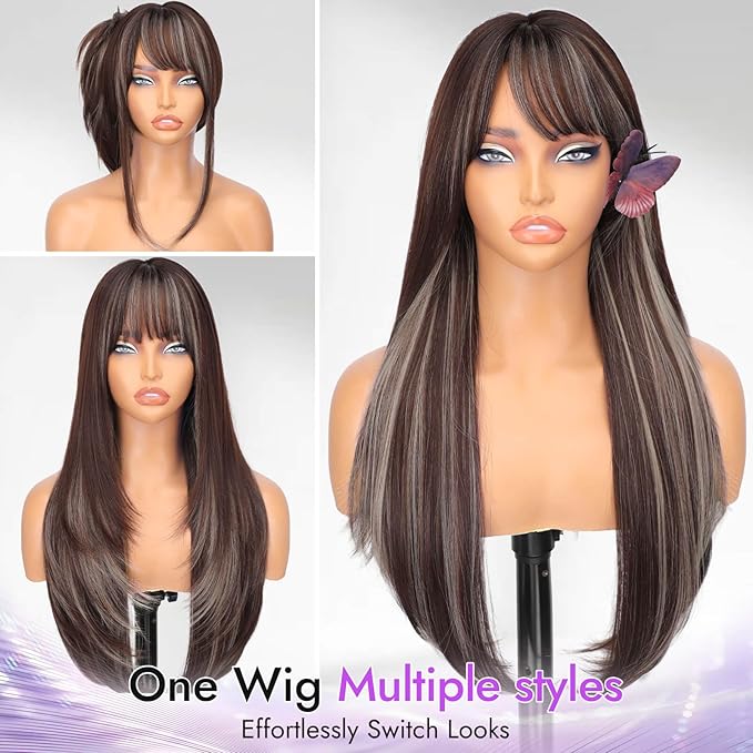 Long Chocolate Brown with Gray White Highlights Wig with Bangs for Women,4x4 Realistic Scalp,Free Parting,Layered Hairstyle Synthetic Heat Resistant for Daily Party Use 26 inch
