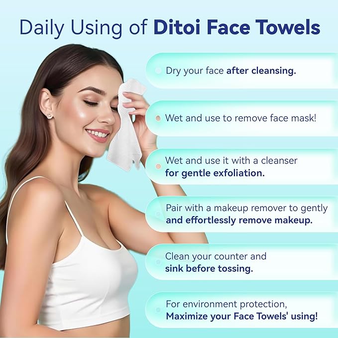 Ditoi Disposable Face Towels,Ultra Thick Face Towelettes XL, Lint-Free Cotton Facial Cloths for Makeup Removal,10"×12", 300 Count (6 Pack)