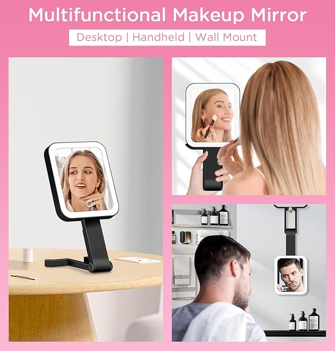 EAONE Travel Makeup Mirror with Lights, Double Sided Magnifying Vanity Mirror 10X/1X with 3 Color Lighting & Dimmable Touch Screen, Compact Handheld Cosmetic Mirror for Bathroom, Women Gifts (Black)