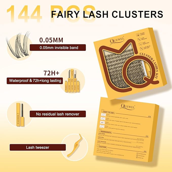 QUEWEL Lash-Clusters Kit,144pcs Wispy-Lash-Clusters Kit Mix10-18mm Wispy Natural Invisible Band Eyelash Clusters Kit for DIY Cluster Eyelash Extensions(Gem 4 Set)