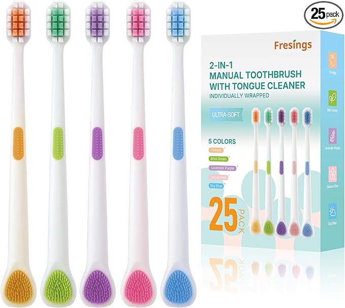 25-Pack Ultra Soft Toothbrushes for Sensitive Gums, Extra Soft Bristles, Built-in Tongue Scraper, Individually Wrapped Manual for Adults & Kids, Travel, Home, Guest, Braces, 5 Colors
