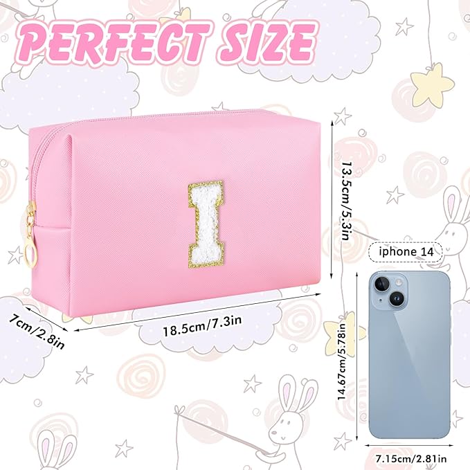 URSKYTOUS Initial Makeup Bag Personalized Preppy Travel Small Cosmetic Bag Cute PU Pink Chenille Letter Makeup Pouch for Purse Waterproof Zippered Toiletry Organizer for Women Girls Kids Friends (I)
