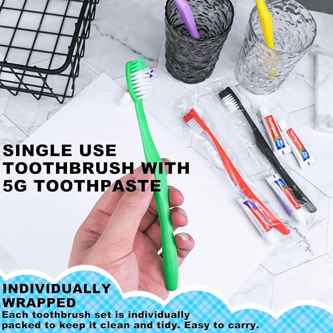 400pcs Disposable Toothbrushes with Toothpaste,Single Use Toothbrush with Toothpaste Individually Wrapped Disposable Travel Toothbrushes Kit Bulk for Homeless,Hotel,Guests(5 Colors)