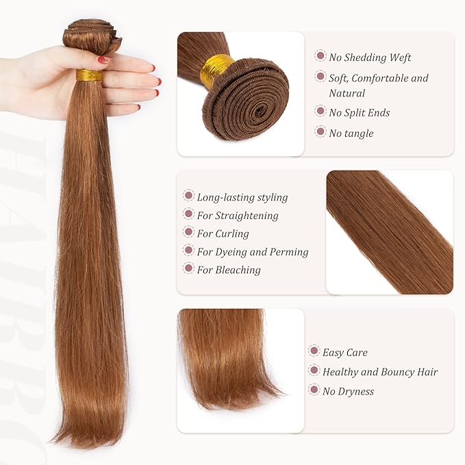 Hairro Sew in Hair Extensions Real Human Hair, 100g/bundle Weave Weft for Women Adding Volume and Length, for DIY Beauty Dating Party, 16 Inch One Bundle Straight #30 Light Auburn