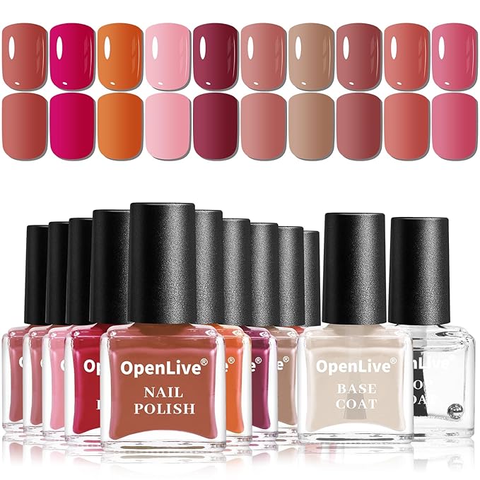 12Pcs Rose Nail Polish Set with Base and Top Coat Burgundy Dark Wine Cherry Red Hot Pink Fingernail Polish Kit Air Quick Dry Regular Finger Nail Polish Pack for Women Gift Holiday