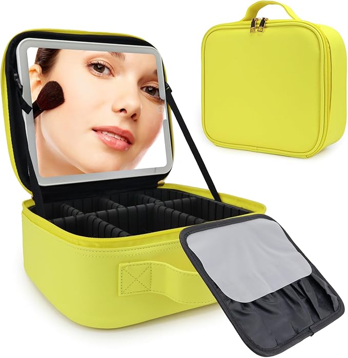 SLUMAZI Travel Makeup Bag with LED Mirror Travel Makeup Organizer with 3 Lighted Settings, Adjustable Dividers and Makeup Brush Storage Bag Yellow