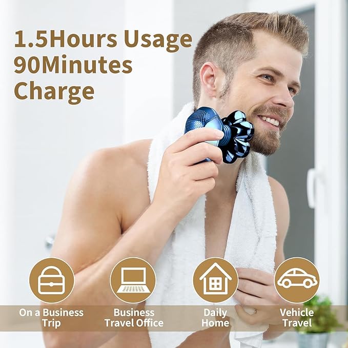 Detachable Head Shavers, SHPAVVER 5 in 1 Electric Razor IPX7 Waterproof for Bald Men, Wet Dry LED Display Rechargeable 7D Rotary Shaver Grooming Kit with Type C Charge A，Bright Blue