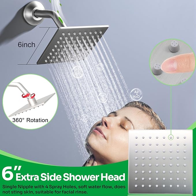 HOMEDEC Couples Luxury Shower System, 15x28" Rain 4-Function and 6" Side Shower Heads, 5-Way Diverter Valves Shower Faucet Set, Brushed Nickel