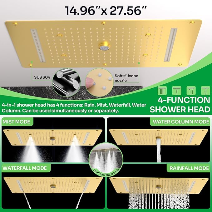 HOMEDEC Dual Shower System for Two, 15x28" Rain 4-Function & 6" Shower Heads, 5-Way Diverter Valves, Shower Faucet Set with Body Jets, Brushed Gold