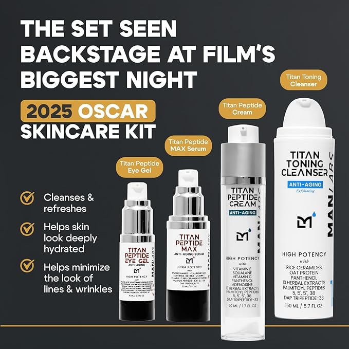 Man Labs Titan Peptide 4-Piece Anti-Aging Mens Skin Care Kit – Wash, Face Serum, Eye Cream, Mens Face Moisturizer – Skin Care for Men – Dark Circles, Wrinkles, Fine Lines – Vitamin C, Niacinamide, HA