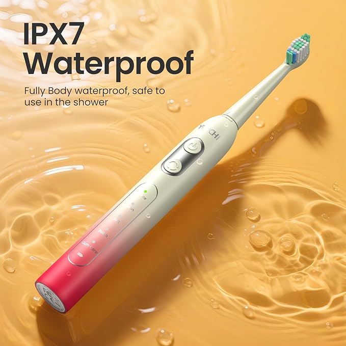 YUNCHI Electric Toothbrush Birthday/Valentine Plastic 8 Heads 24-Mo Deep Cleans Gentle Gums Removes Stains 3Hr USB-C 90d 2-Min Timer/30s IPX7 - Yellow Red