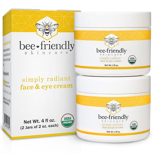 BeeFriendly Organic Face and Eye Cream, USDA Certified Organic Facial Moisturizer, All In One Natural Face, Eye, Neck, Decollete Cream Reduces Wrinkles & Lines, 4 oz - (2 Jars in a box)