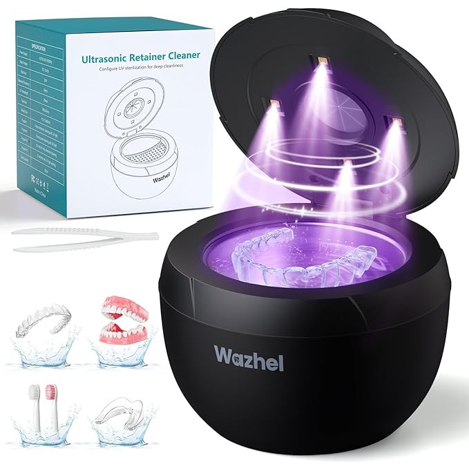 Ultrasonic Retainer Cleaner Machine, 45kHz Dental Cleaning Pod for Denture, Mouth Guard, Night Guard, Aligner, Braces, Toothbrush, 200ML Denture Cleaner with Digital Timer & 4 Modes, Black