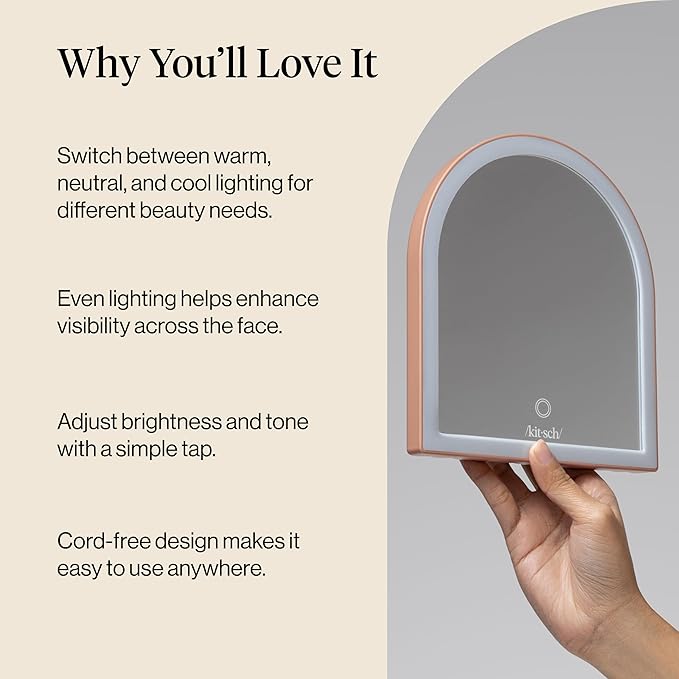 Kitsch Arch Desk Vanity Mirror with Lights, LED Makeup Surface, Touch Sensor Dimmable Warm Neutral Cool Glow, Rechargeable Desk Mirror with Kickstand for Travel - Terracotta