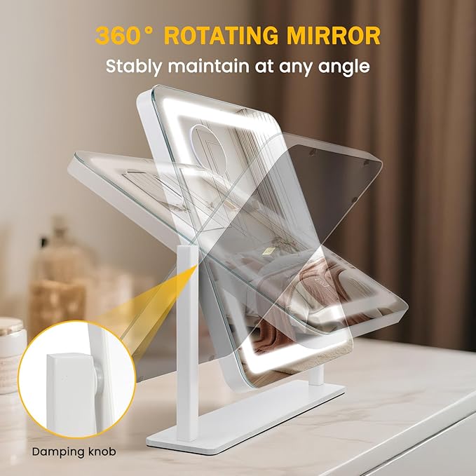Vanity Mirror with Lights, 12.2"×15" Large LED Makeup Mirror with Light, HD Mirror, Smart Touch with 3-Color Lighting, Dimmable, 360° Rotation, Lighted Up for Vanity Desk Tabletop, Bedroom (White)