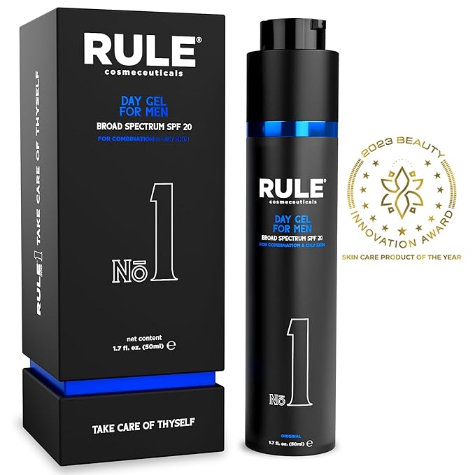 RULE COSMECEUTICALS No.1 Day Gel for Men, 10-in-1 Anti-Aging Face Moisturizer to Reduce Wrinkles, SPF 20, Collagen, Vitamins B, C & E - Combination & Oily Skin - Original, 50 mL