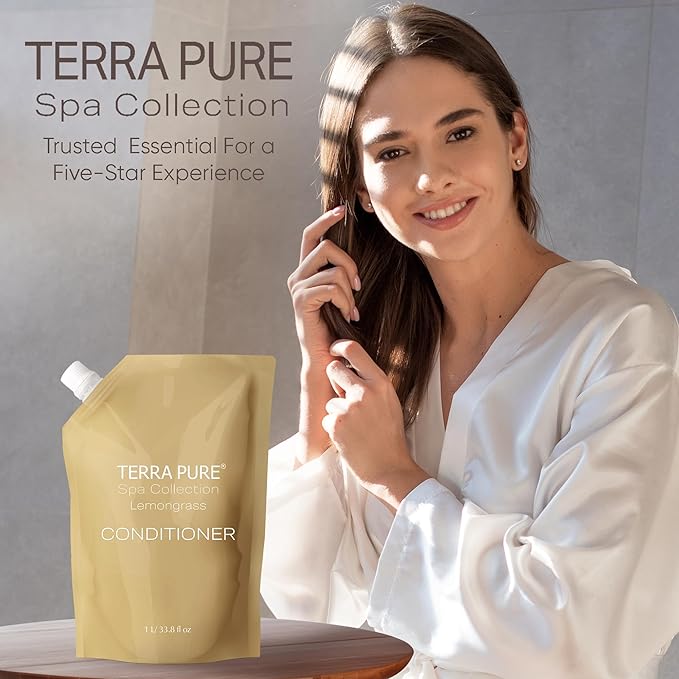 Terra Pure Spa Collection 1 Liter Conditioner Refill Bag For Soap Dispensers | Bulk Toiletries for Vacation Rentals, and Home Bathroom Showers | Green Tea Lemongrass | Set of 3