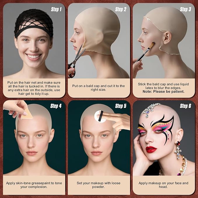Halloween Bald SFX Makeup Set - Elastic Latex Bald Caps for Women & Men, Halloween Cosplay SFX Makeup Kit with Complete Bald Cap for Adults, Costume Party &Stage Shows, Theater, Cosplay