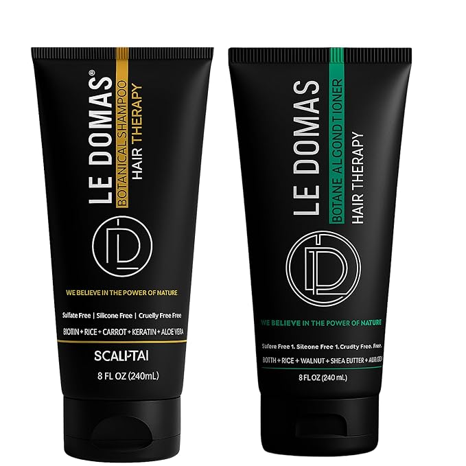 LE DOMAS Botanical Shampoo and Conditioner Set – Sulfate Free Natural Therapy with Biotin, Aloe Vera & Rice - Moisturizing Hair Growth & Repair Formula for Dry, Curly & Color Treated Hair, 8oz Each