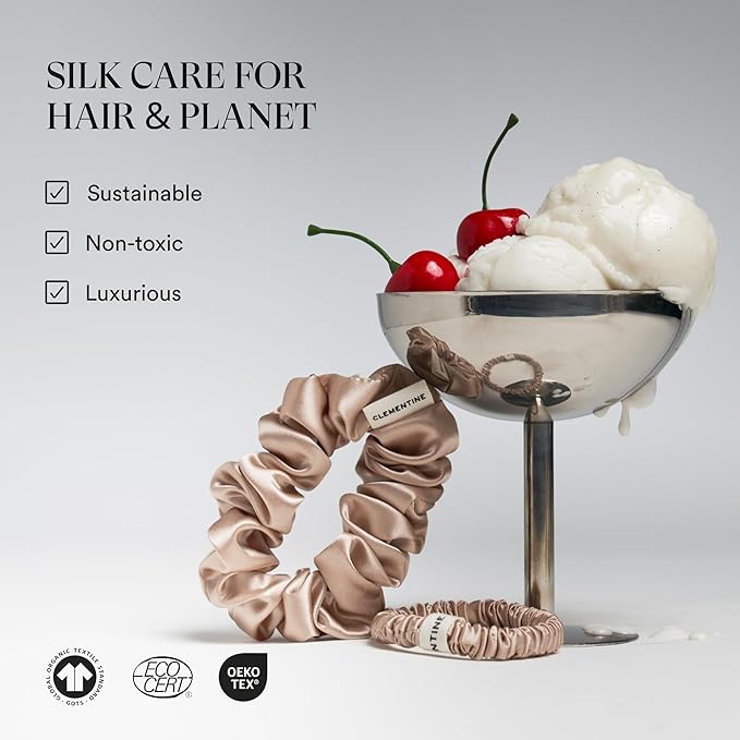 Clementine Sleepwear Organic Silk Scrunchie Set Ice Cream | 4 Skinny and 4 Midi Scrunchies Made with GOTS Certified Silk for Gentle, Frizz-Free Styling