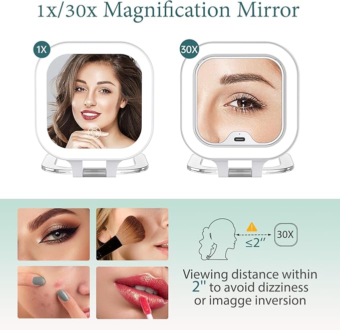 FUNTOUCH 4inch 1x 30x Magnifying Travel Makeup Mirror with Lights, Rechargeable Lighted Compact Mirror with Light, 3 Color Lighting, Double Sided Portable Handheld Hanging, Gifts for Women,White