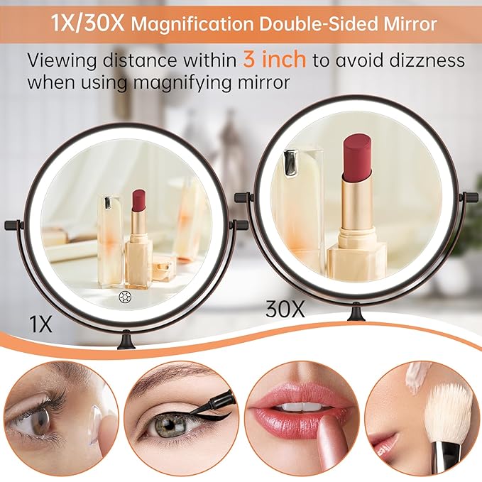 5000mAh Rechargeable Wall Mounted Lighted Makeup Vanity Mirror Double Sided 1X 30X Magnifying Bathroom Mirror, 3 Color Lighting, Touch Dimming, Extended Arm 360 Rotation Light up Mirror Antique Bronze