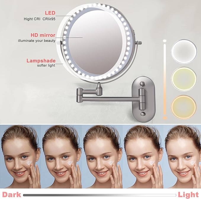 Rechargeable Wall Mounted Lighted Makeup Vanity Mirror with 10X/1X Magnification For Shaving, 8Inch Brushed Nickel Magnifying Mirror Makeup Wall Mounted with Light,13 Inch Extendable (8CB-N10X)