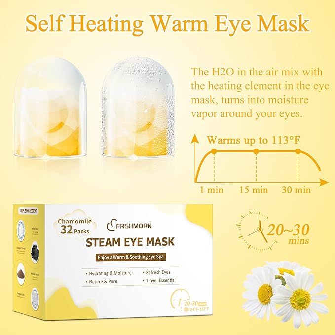 FRSHMORN 32 Packs Steam Eye Mask, Heated Eye Mask for Sleeping, Warm Compress for Eyes, Self Heating Disposal Steam Mask for Home Sleep, Office, Spa, Travel Essentials Stocking Stuffers (Chamomile)