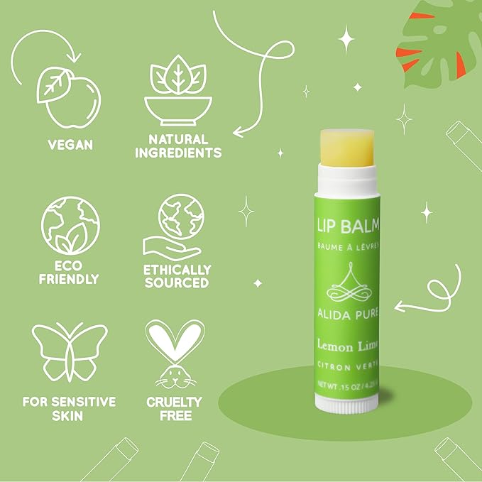 ALIDA PURE Lemon Lime Lip Balm Collection, Vegan Set, Bees Wax Free, Organic Jojoba and Avocado Oil, Vitamin E, Moisturizer For Dry Cracked Lips, 3 Tubes of Lip Balm per Set