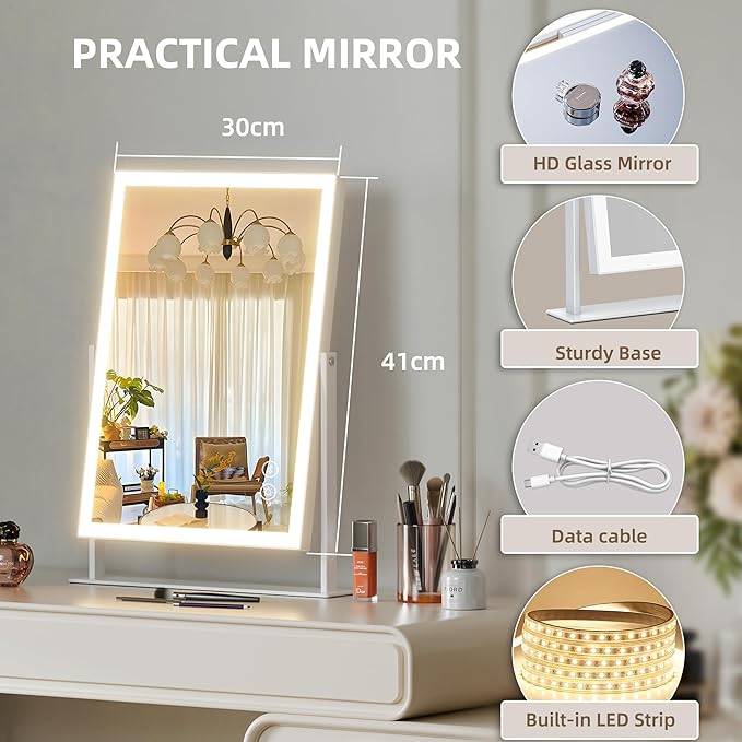 Hansong Vanity Mirror with Lights 11.8"x 16" Hollywood Makeup Mirror with Bluetooth Speaker 3 Colors Dimmable and 360° Rotation 10X Magnification Light Up Mirror for Desk